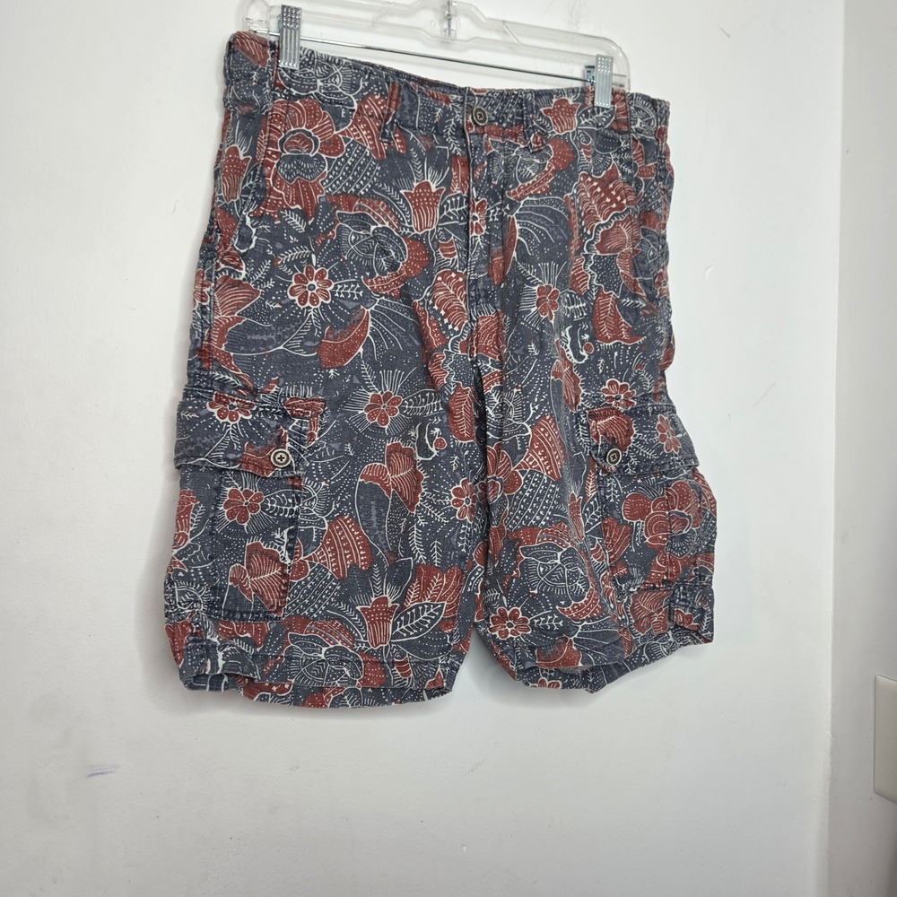 Lucky Brand Mens 32 Batik Floral Linen Blend Cargo Shorts Blue Red Print